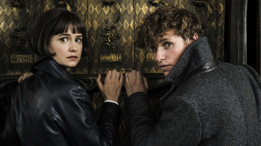 Tina Goldstein and Newt Scamander in dark magical wallpaper with golden details from Fantastic Beasts