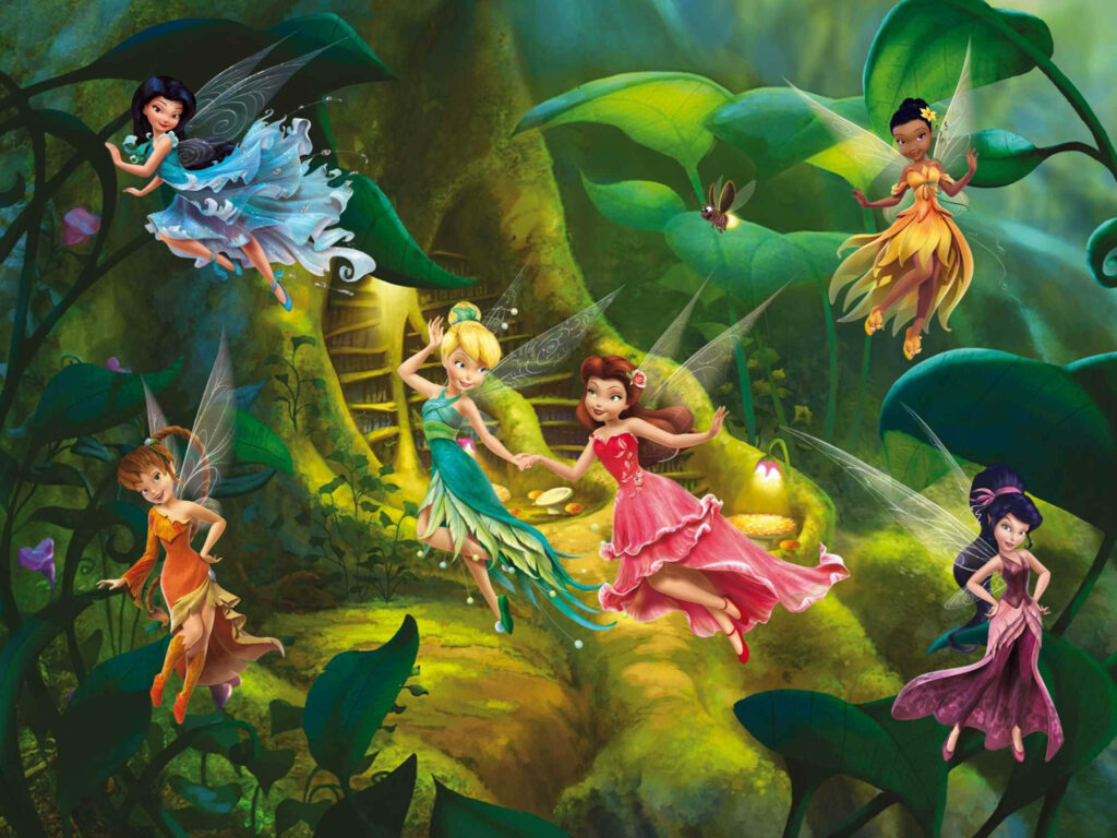 Tinkerbell and fairy friends in glowing forest with lush green leaves magical wallpaper background