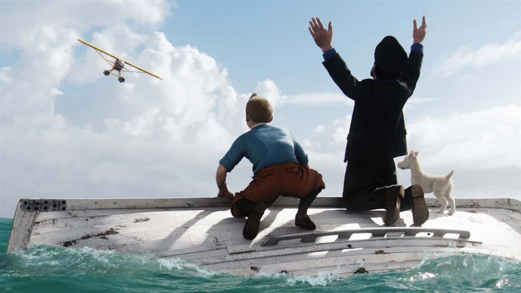 Tintin Captain Haddock and Snowy stranded on boat waving at yellow plane in blue sky background Wallpaper