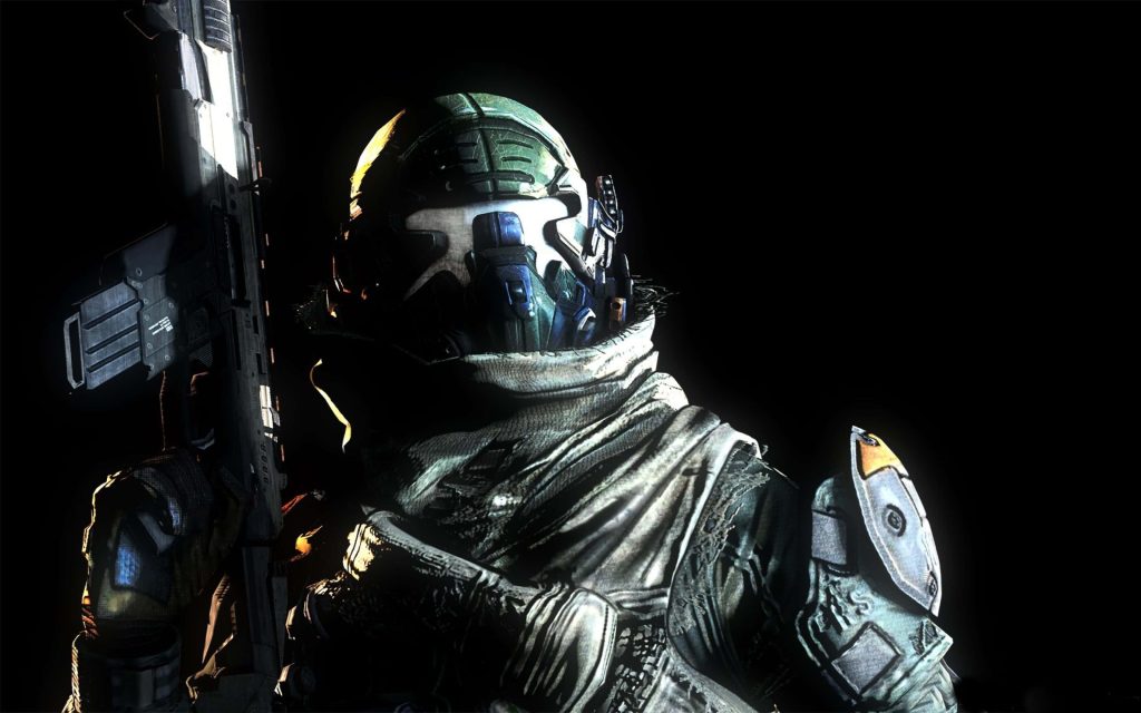 Titanfall 4K wallpaper rugged Pilot in tactical helmet with futuristic rifle dark moody background
