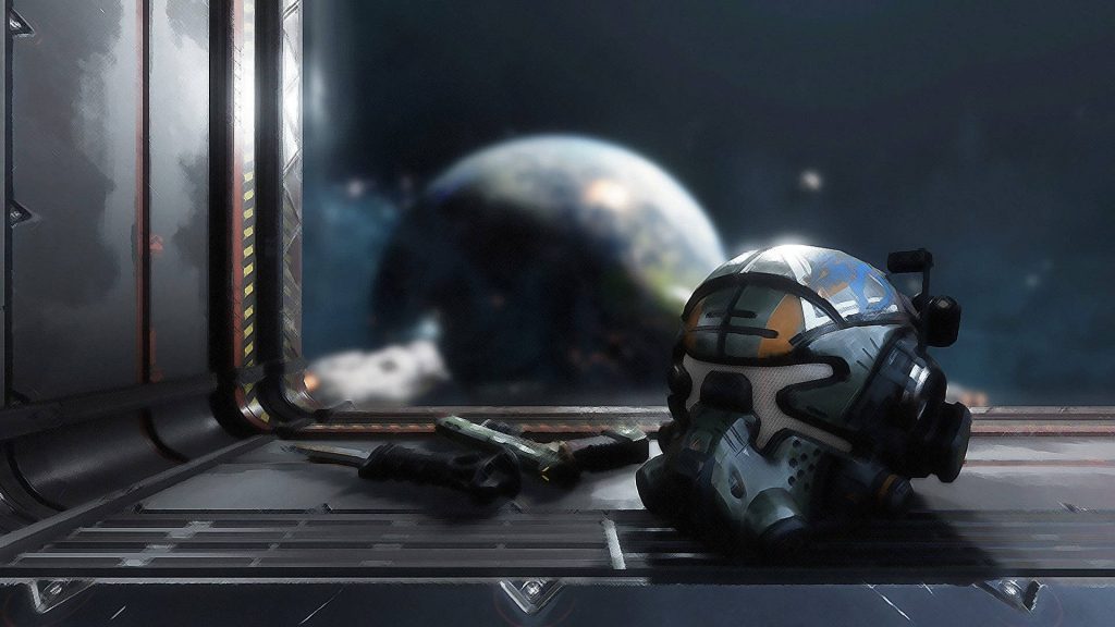 Titanfall digital art wallpaper Pilot helmet firearm space station ledge planet sci-fi warfare