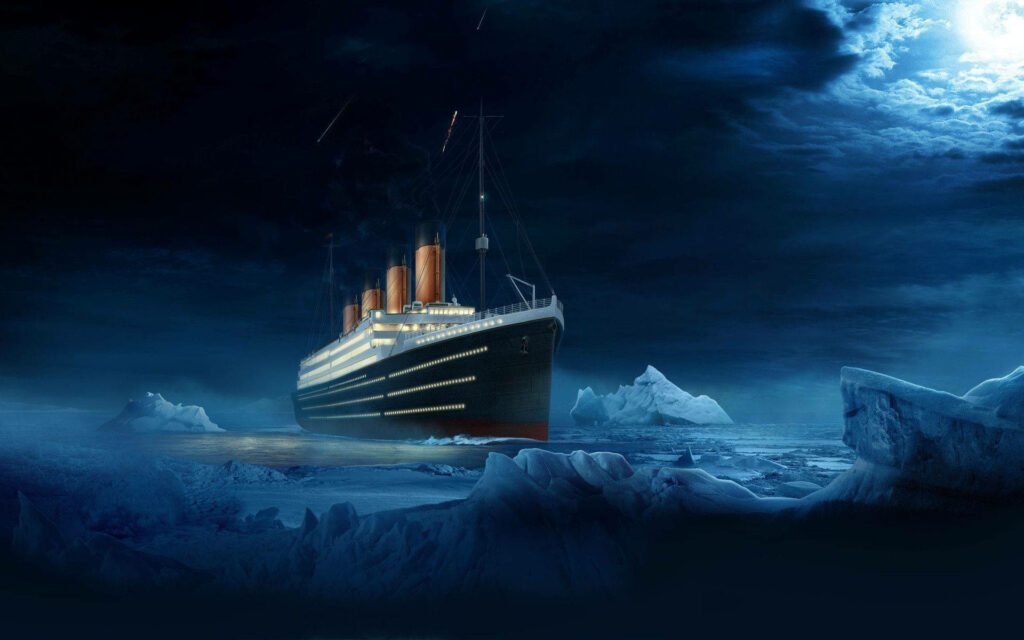 Titanic sailing through icy waters under moonlit sky romantic landscape art wallpaper background