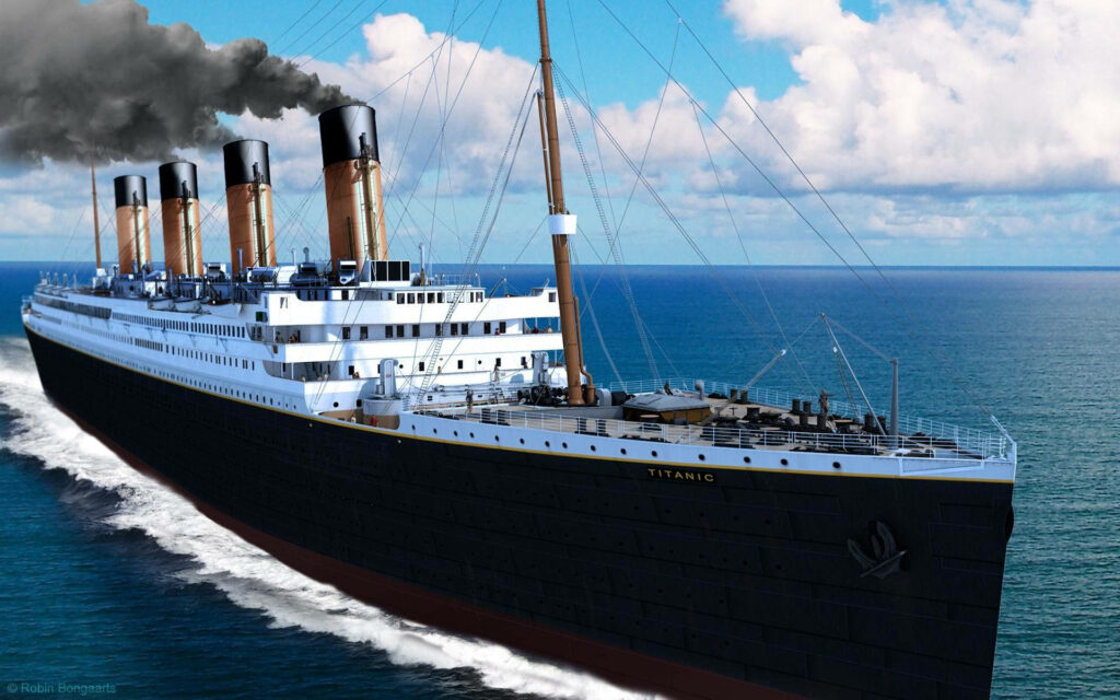 Titanic ship sailing bright blue ocean under partly cloudy sky wallpaper background iconic vessel