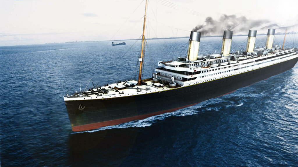 Detailed Titanic ship painting wallpaper showing RMS Titanic sailing with ocean background