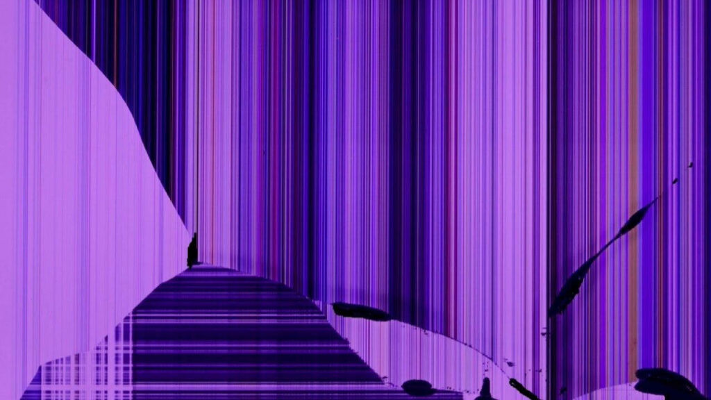 Computer screen glitch: purple and black distorted lines on shattered display background Wallpaper
