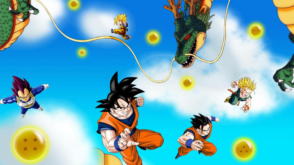 Dragon Ball Wallpaper with Goku, Vegeta, Gohan, Shenron & Dragon Balls in Action-Packed Scene