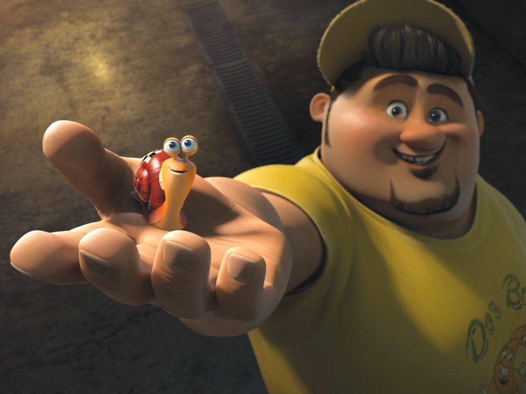 Tito Lopez smiling holding racing snail Turbo in palm golden light 3D CGI wallpaper background