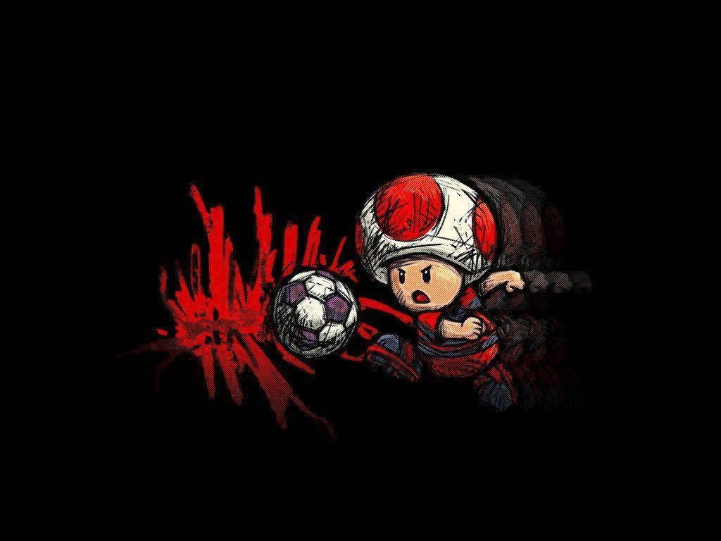 Toad soccer wallpaper Nintendo character mid-kick vibrant red sketch lines black background football