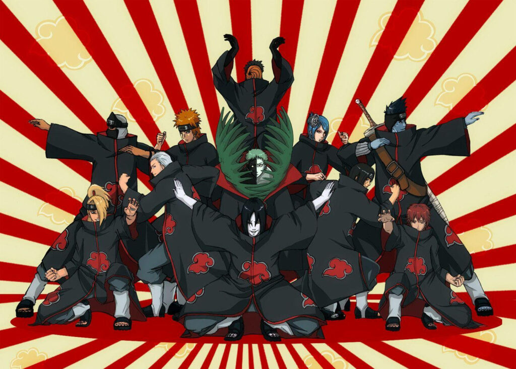 Tobi's Reunion: The Akatsuki Clan Unites Against a Striking Red and White Canvas Wallpaper