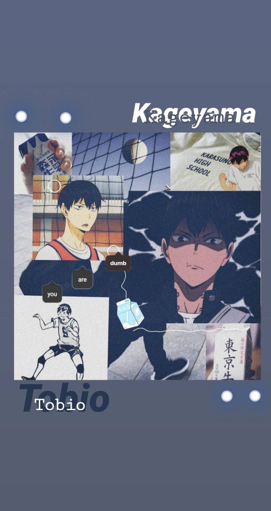 Tobio Kageyama Haikyuu anime collage wallpaper with scenes text bubbles and milk cartons on blue