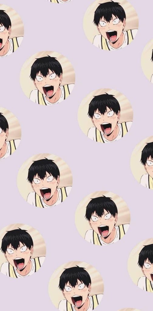 Anime wallpaper with repeating Tobio Kageyama wide-eyed blushing face on lavender background