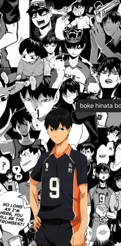 Tobio Kageyama full-color wallpaper with black and white Haikyuu manga collage background