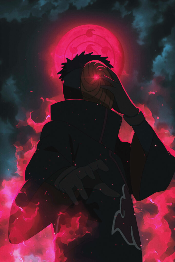 A Crimson Encounter: Tobi Unleashing Sinister Chakra Beneath the Blood Moon Wallpaper