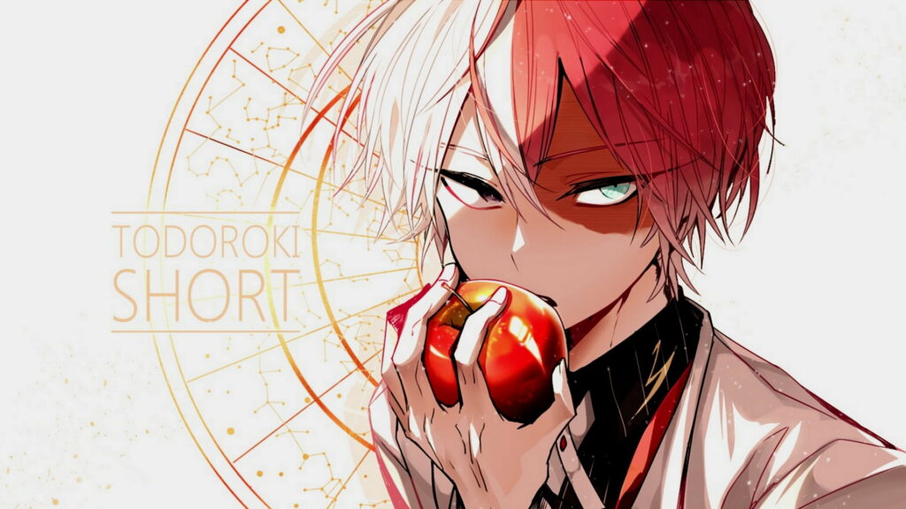 Todoroki Short: An Artistic Anime Guy's Intense Apple Look in Boku no Hero Academy HD Wallpaper