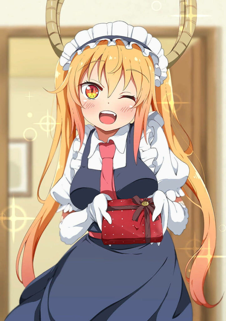 Tohru Maid Wallpaper: Cheerful Anime Girl with Gift Box & Sparkles