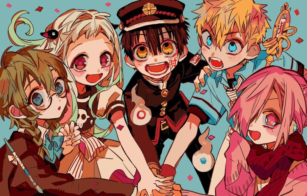 4k wallpaper Toilet-Bound Hanako-kun anime characters friends joining hands joyful vibrant background