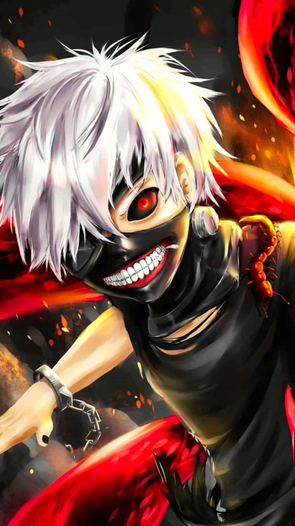 Tokyo Ghoul Ken Kaneki phone wallpaper dark anime art glowing red eye centipede background