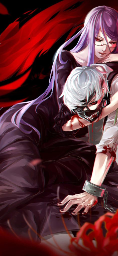 Tokyo Ghoul wallpaper Ken Kaneki iconic mask shackled by Rize dark moody anime art