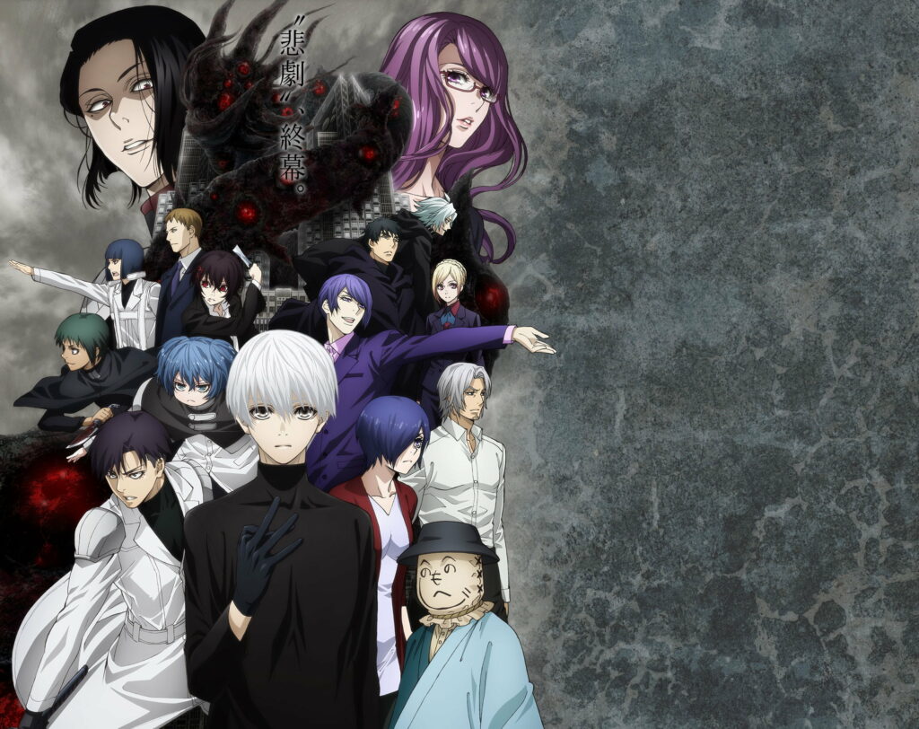 Tokyo Ghoul Re: A Stunning Anime Wallpaper featuring Kaneki Ken, Urie Kuki, Kirishima Touka, Ui Koori, and Kamishiro Rize