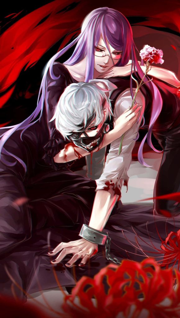 Tokyo Ghoul wallpaper Rize Kamishiro embracing chained Ken Kaneki with red spider lilies