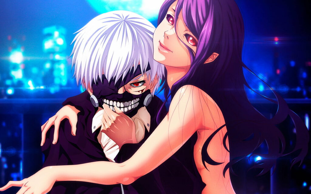 Clashing Fates in the Shadows: Anime Showdown between Ken Kaneki and Rize Kamishiro in Tokyo Ghoul—A Mesmerizing HD Wallpaper Background Photo