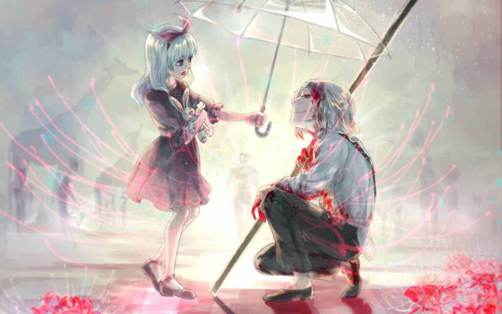 Tokyo Ghoul: Enigmatic Duo Surrounded by Neon Lights Wallpaper