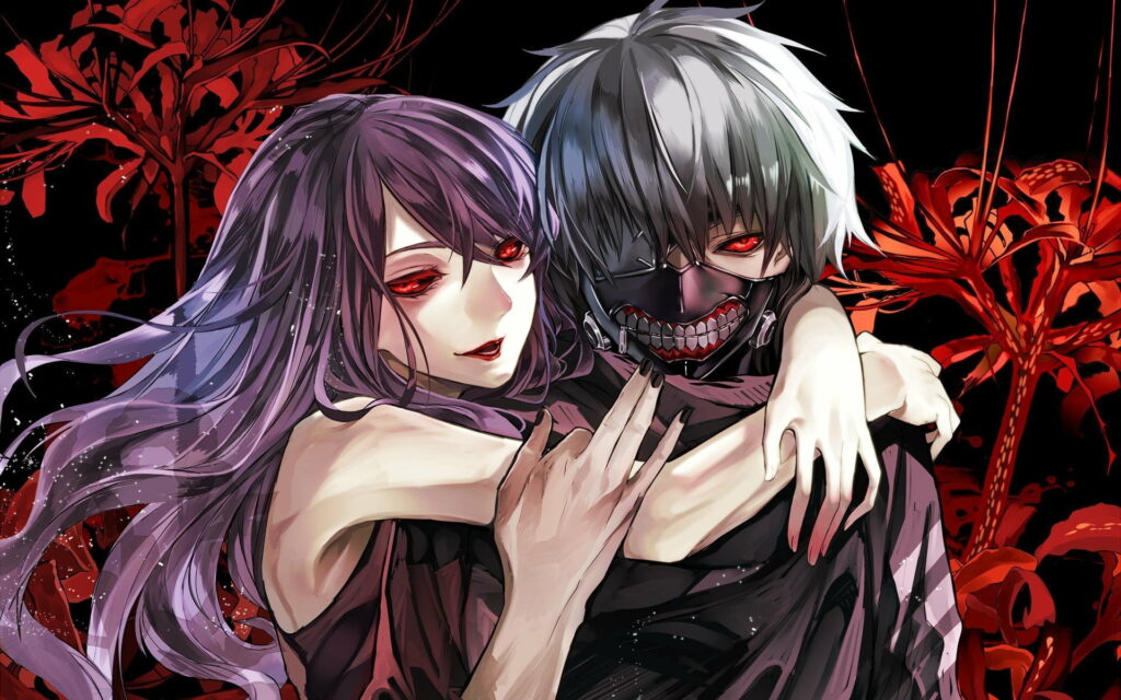Tokyo Ghoul wallpaper with Ken Kaneki in leather mask and Rize Kamishiro red spider lilies