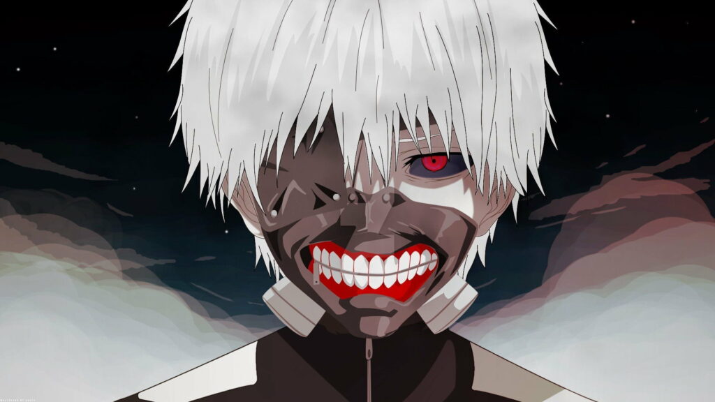 Ken Kaneki from Tokyo Ghoul with White Hair & Red Eye, Menacing Smile - Dark Background with Swirling Clouds Wallpaper