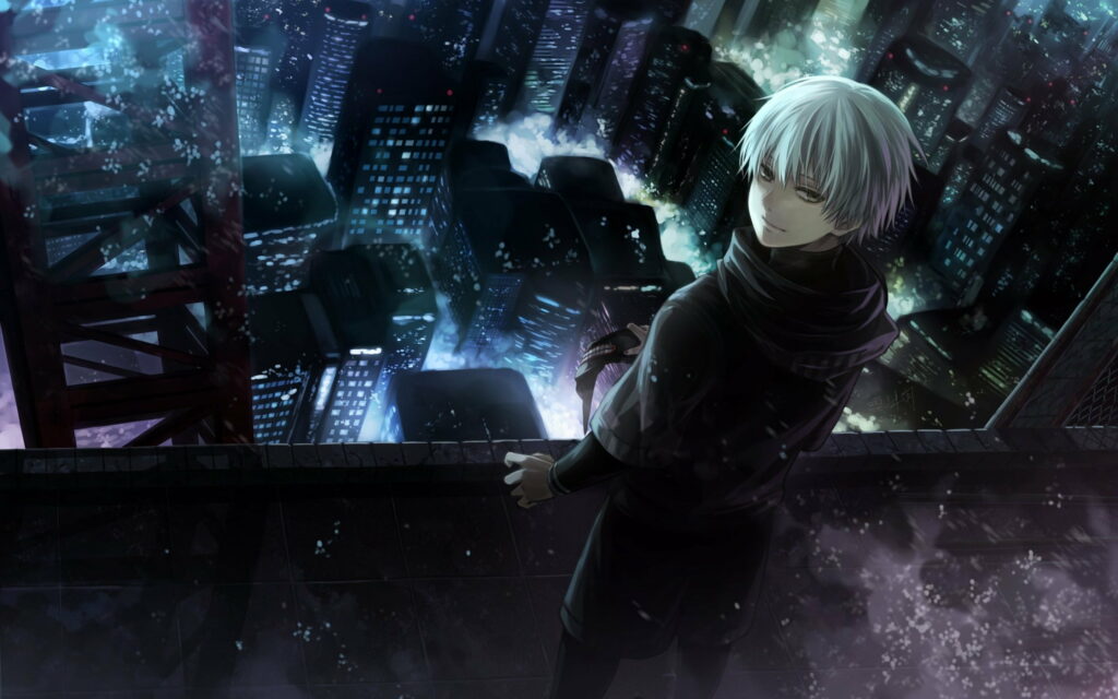 Tokyo Ghoul-inspired character overlooking city at night - urban landscape photo Wallpaper
