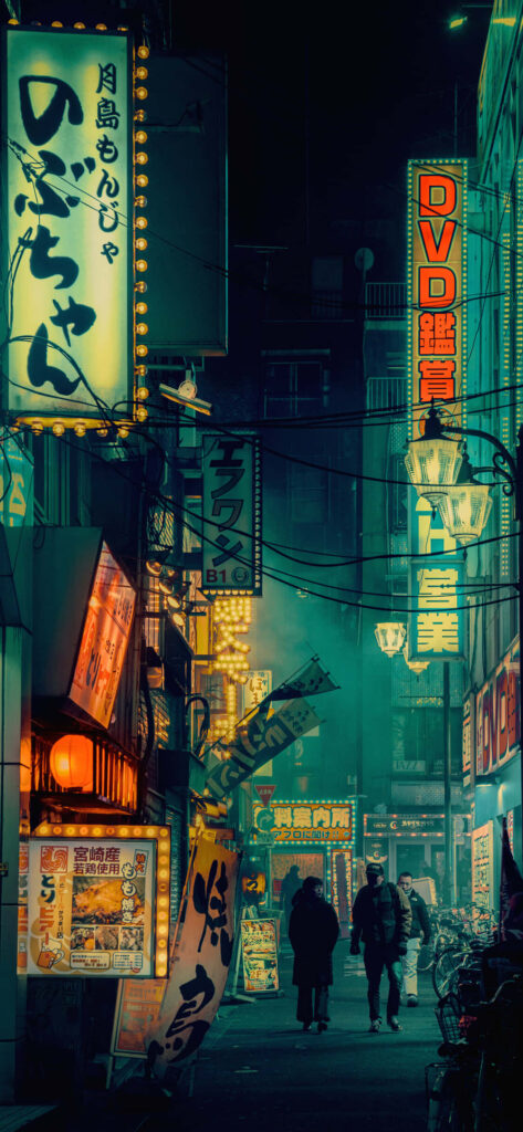 Vintage Tokyo Nights: A Digital Art Phone Background with Retro Silhouettes Wallpaper