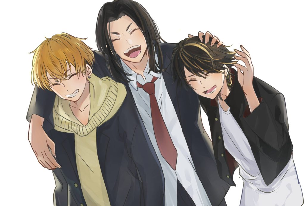 Tokyo Revengers trio Baji Chifuyu and Kazutora laughing in vibrant anime friendship wallpaper
