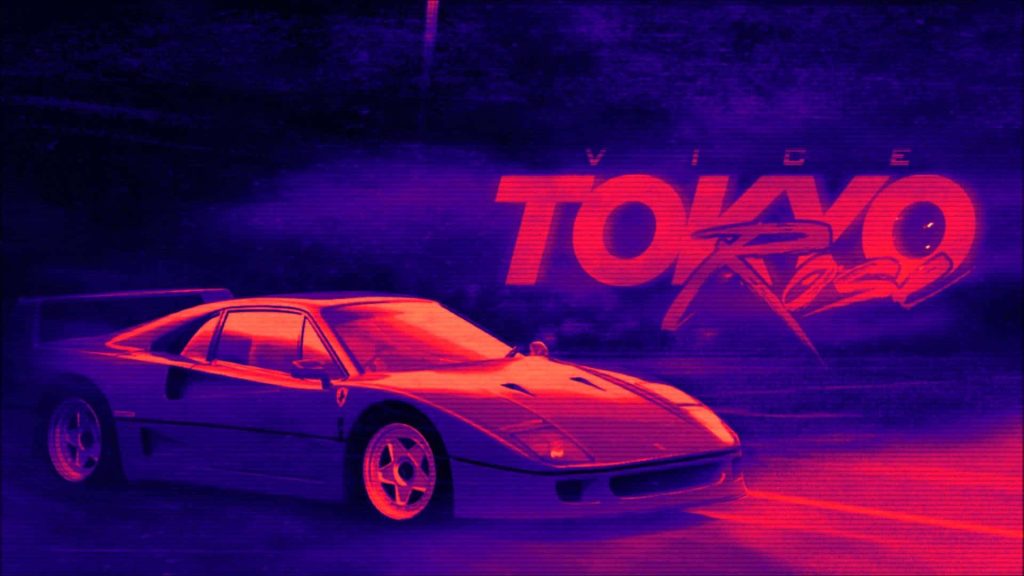 Retro Tokyo Vice wallpaper with Ferrari F40 neon purple red VHS scanline 80s street racing