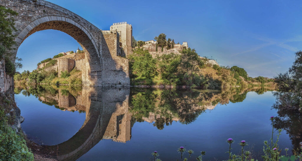 Toledo Cathedral Reflection Wallpaper: Serene Water & Lush Greenery