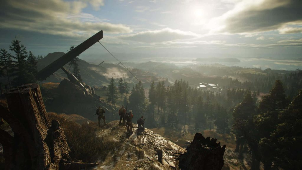 Tom Clancy Ghost Recon Breakpoint soldiers on cliff misty valley cinematic tactical wallpaper