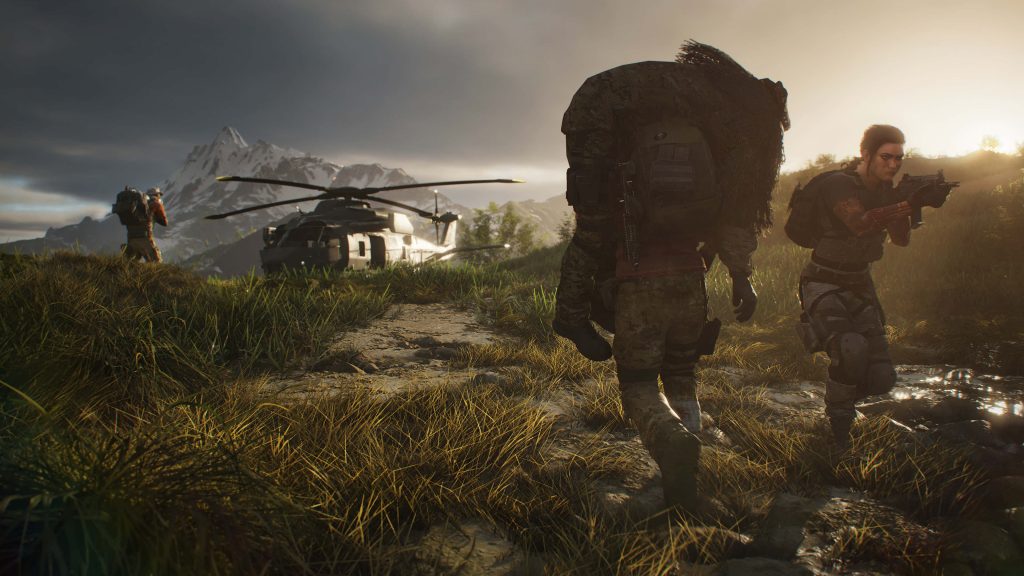 Tom Clancy Ghost Recon Breakpoint soldier carries wounded teammate in sunset mountain tactical scene Wallpaper