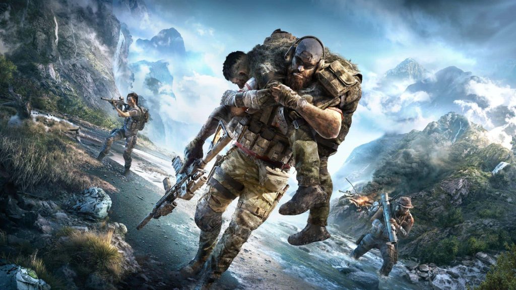 Tom Clancy’s Ghost Recon Breakpoint Nomad carries injured teammate in rugged river battle scene wallpaper