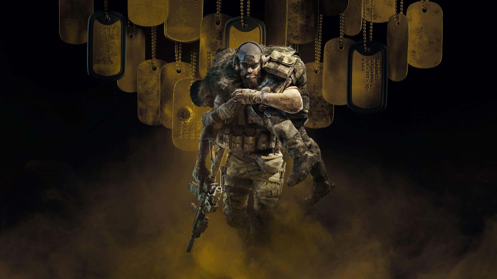 Tom Clancy Ghost Recon Breakpoint Nomad carrying injured soldier with floating golden dog tags background Wallpaper