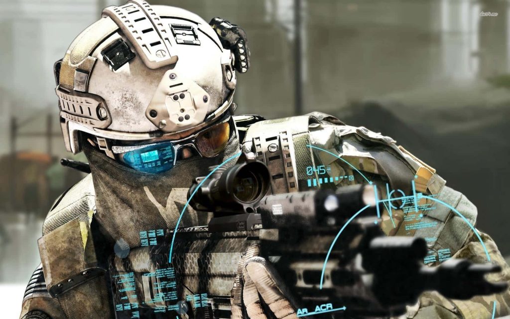 Tom Clancys Ghost Recon Future Soldier operative aiming ACR rifle with blue AR HUD background Wallpaper