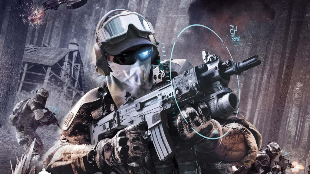Tom Clancys Ghost Recon Future Soldier operator with skeletal mask aims rifle in forest squad Wallpaper