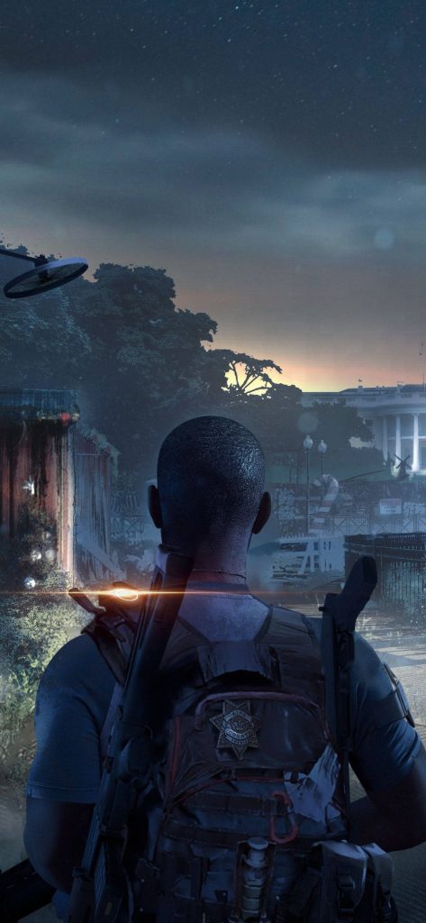 Tom Clancys The Division 2 mobile wallpaper agent overlooking snow-covered White House holiday
