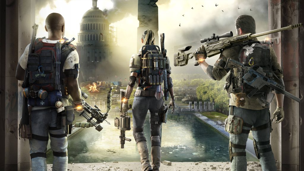 Tom Clancy’s The Division 2 agents overlooking ruined U.S. Capitol in post-apocalyptic Washington DC wallpaper