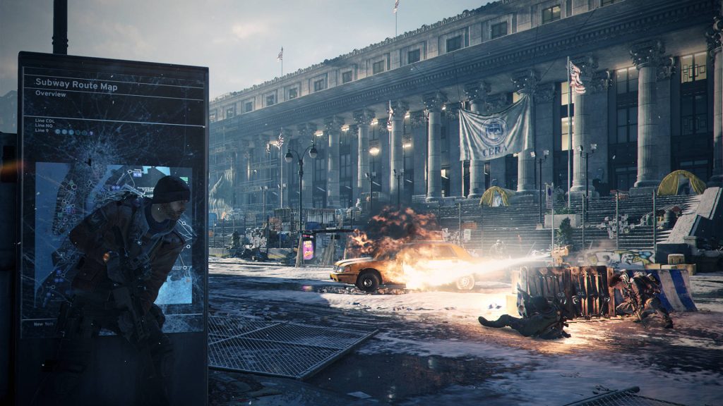 Tom Clancys The Division agents in snowy NYC street with burning taxi cinematic tactical wallpaper