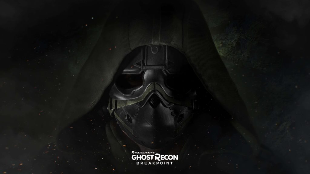 Close-up of soldier in tactical mask and hood with embers in dark Ghost Recon Breakpoint wallpaper