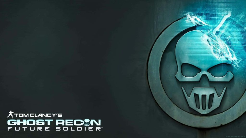 Tom Clancys Ghost Recon Future Soldier tactical skull with cyan digital glitch on metallic background Wallpaper