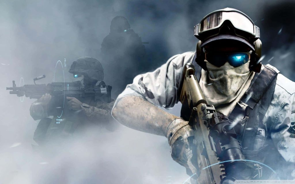 Tom Clancys Ghost Recon Future Soldier elite operatives with glowing blue visors in fog wallpaper