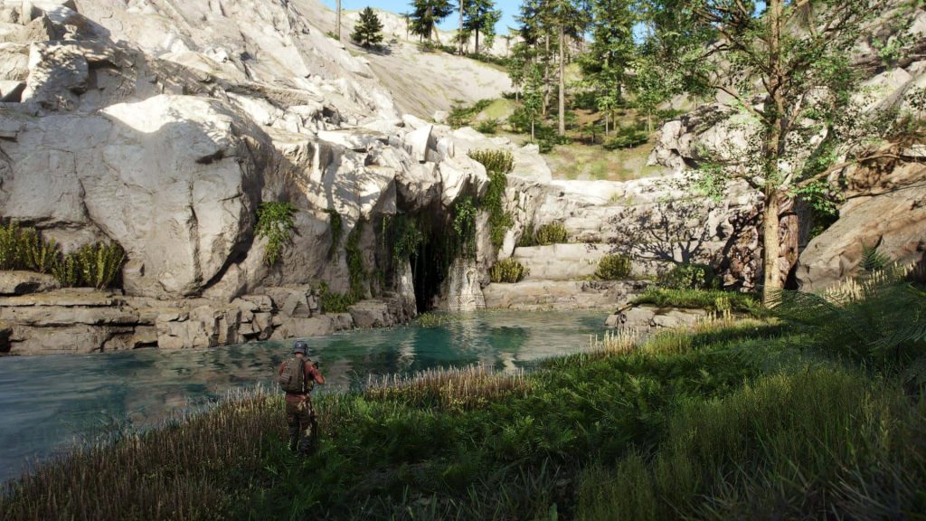Tom Clancys Ghost Recon soldier by stream and rocky cave high detail tactical gear wallpaper
