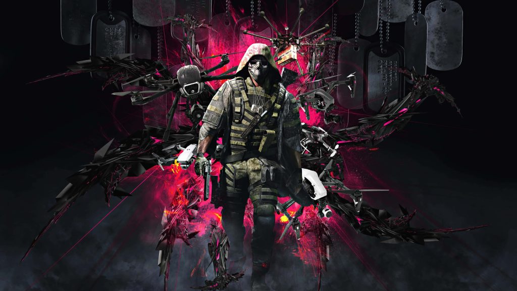 Tom Clancys Ghost Recon tactical operator with glowing pink drones dark digital art wallpaper