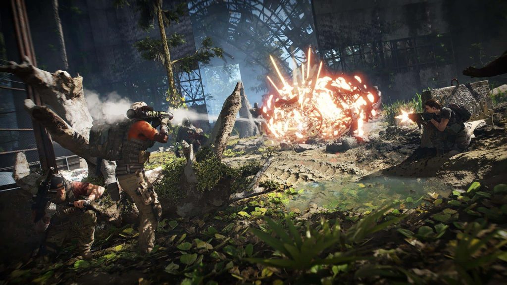 Tom Clancy Ghost Recon wallpaper squad in jungle combat with rocket explosion and military gear