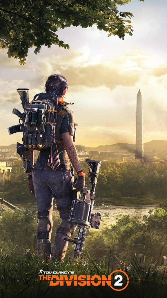 Tom Clancys The Division 2 female agent in tactical gear surveys Washington Monument at sunset wallpaper