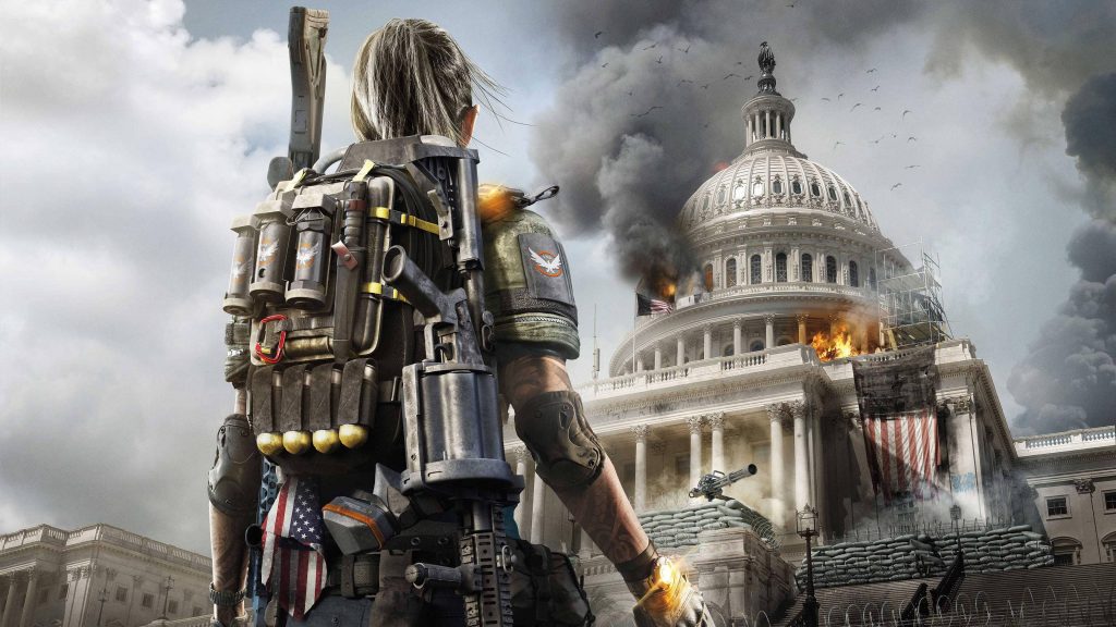 Tom Clancys The Division 2 SHD agent overlooking burning US Capitol post-apocalyptic wallpaper